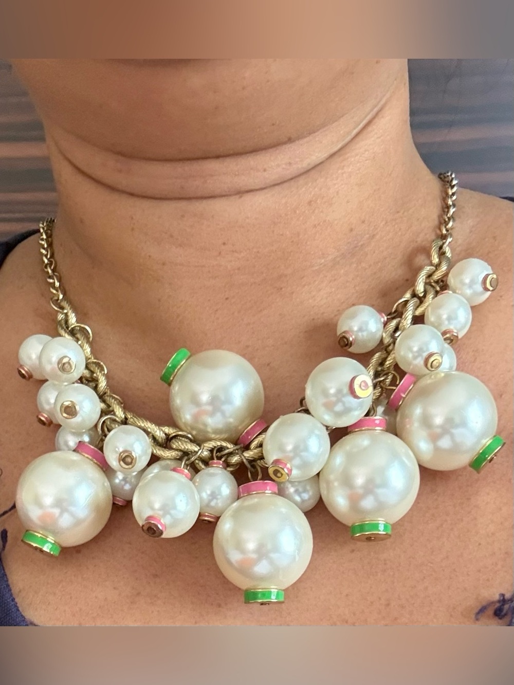 Gold Chain Pearl Statement Necklace with Pink & Green Accents